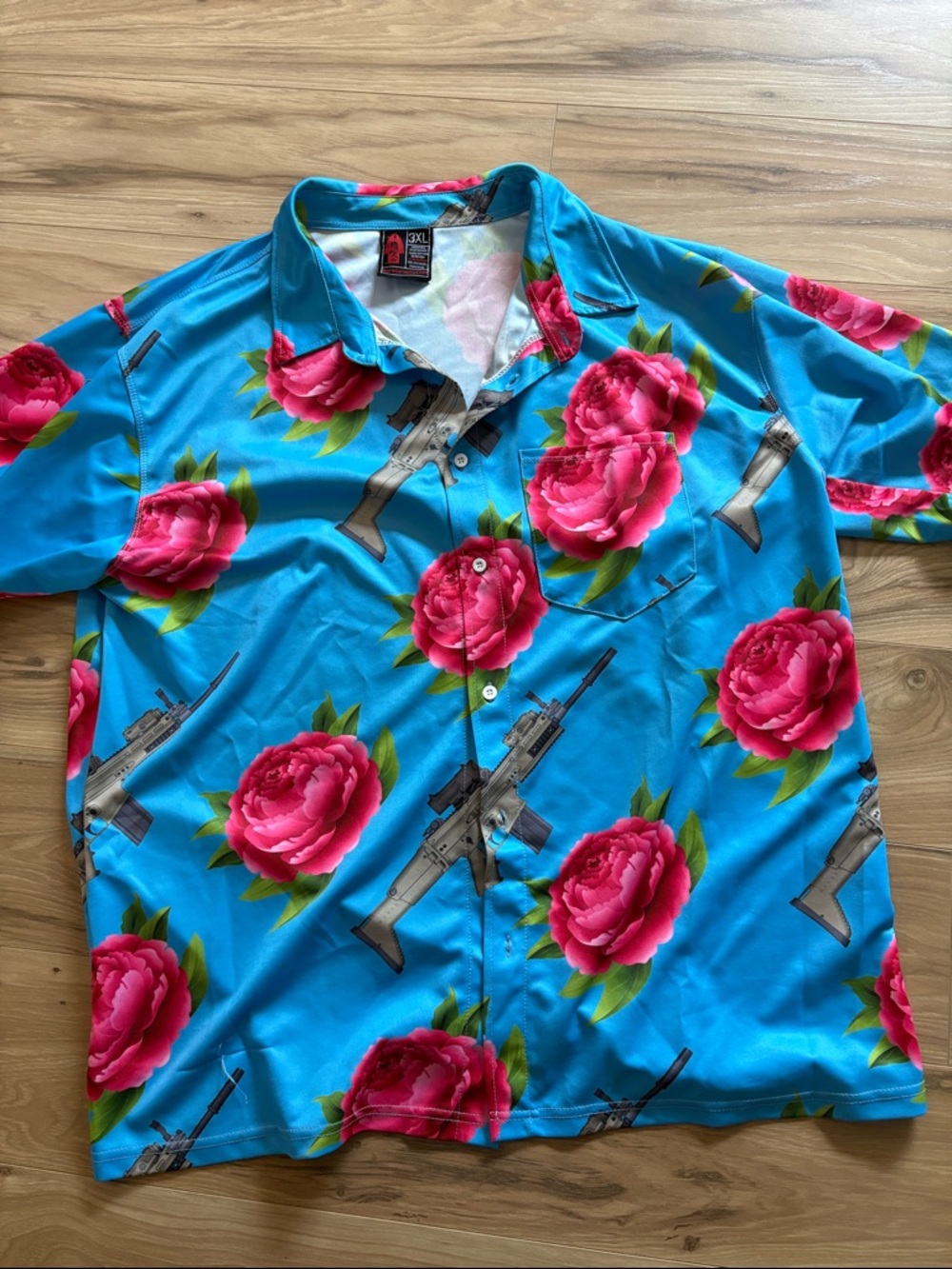 Blue Floral Short-Sleeve Button-Up Shirt with Pink Roses